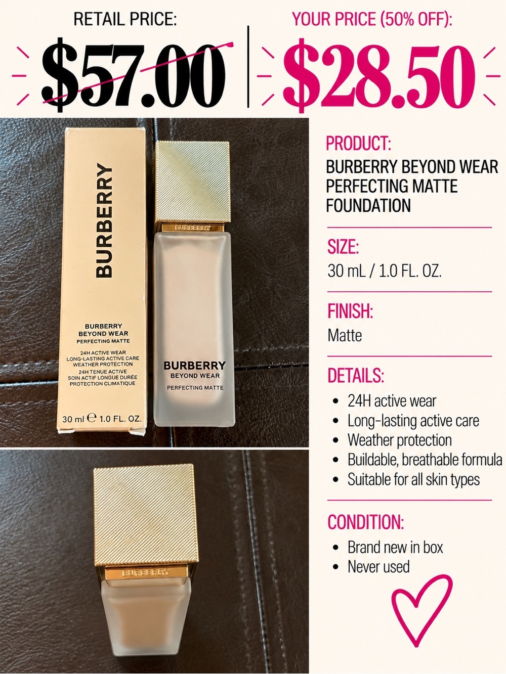 Burberry Beyond Wear Perfecting Matte Foundation — Beige/Gold Accents